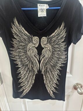 Vocal Black Tee with Silver Metallic Wing Motif